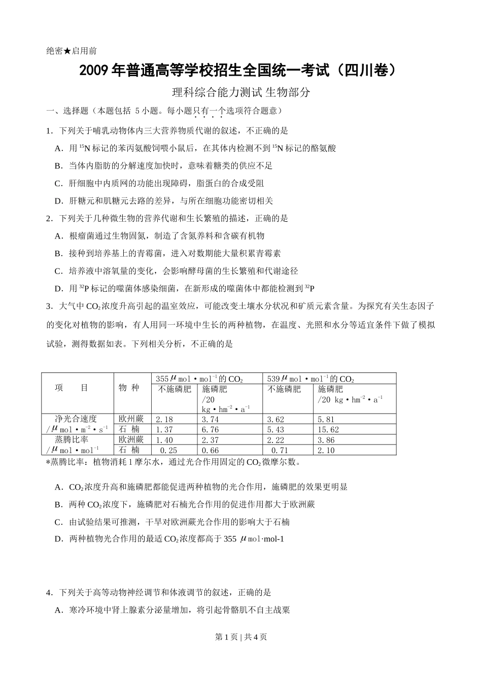 2009年高考生物试卷（四川）（空白卷）_第1页