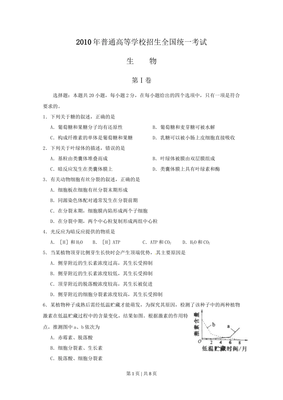 2010年高考生物试卷（海南）（空白卷）_第1页