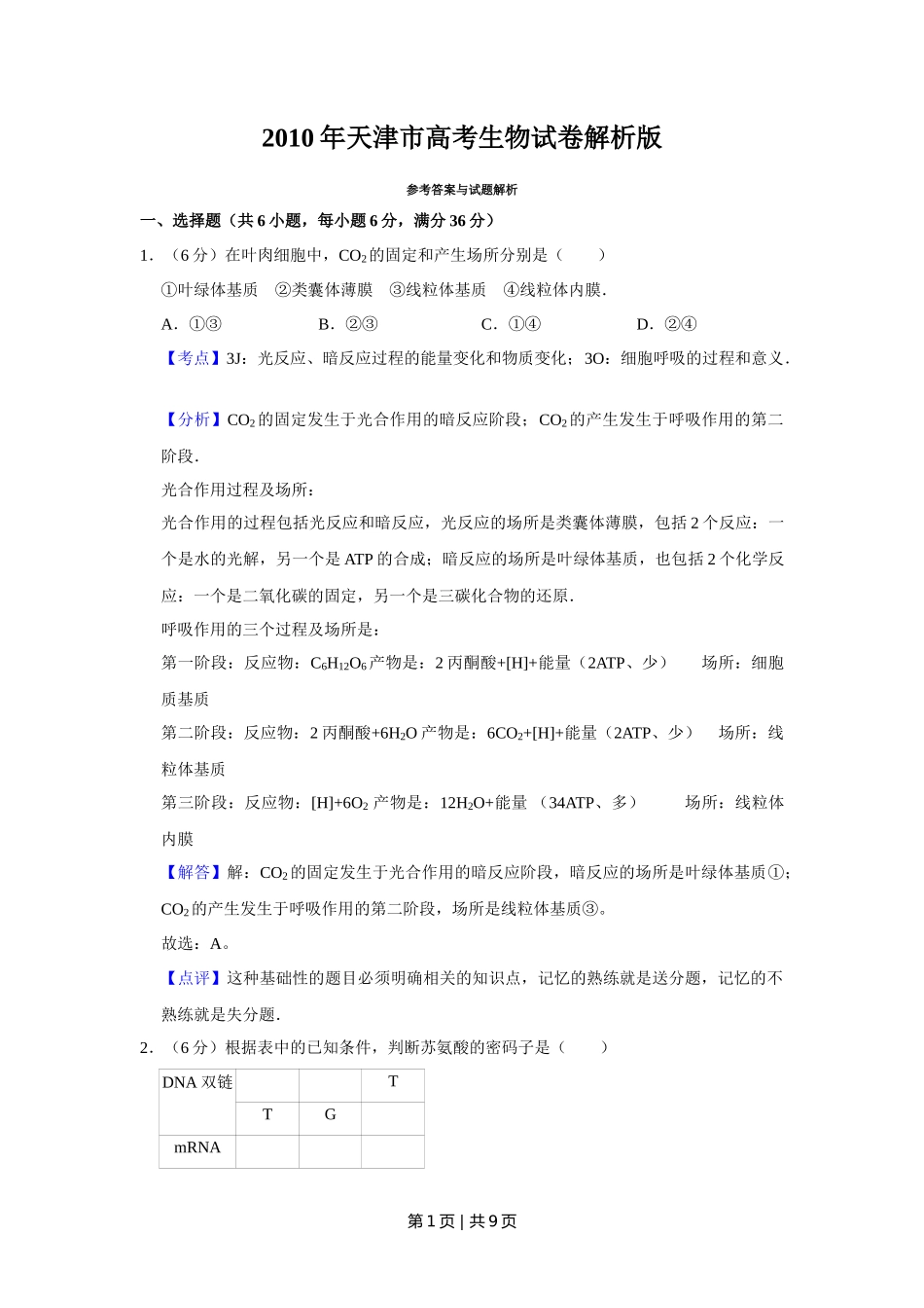2010年高考生物试卷（天津）（解析卷）_第1页