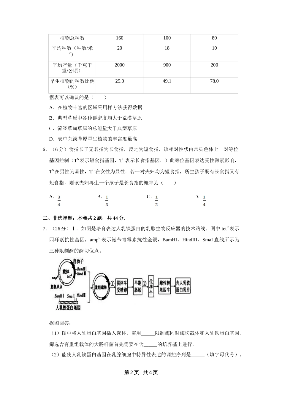 2010年高考生物试卷（天津）（空白卷）_第2页