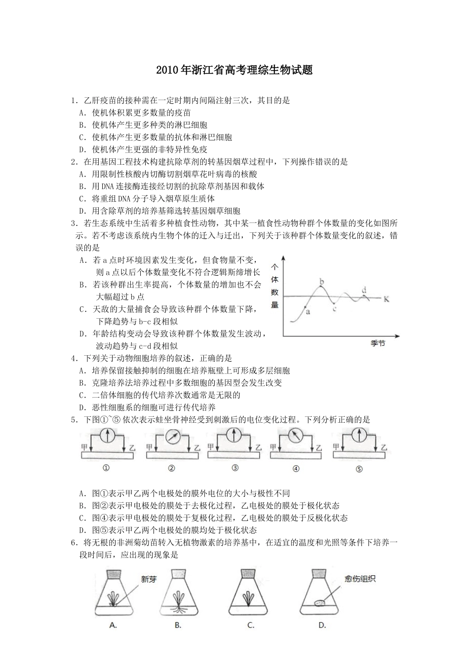 2010年高考生物试卷（浙江）（空白卷）_第1页