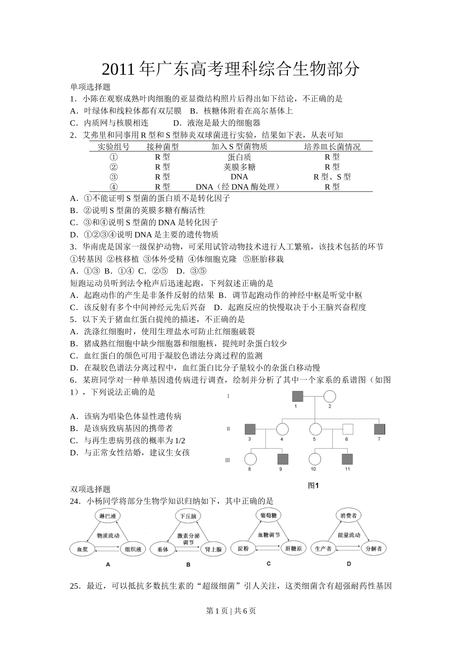 2011年高考生物试卷（广东）（解析卷）_第1页