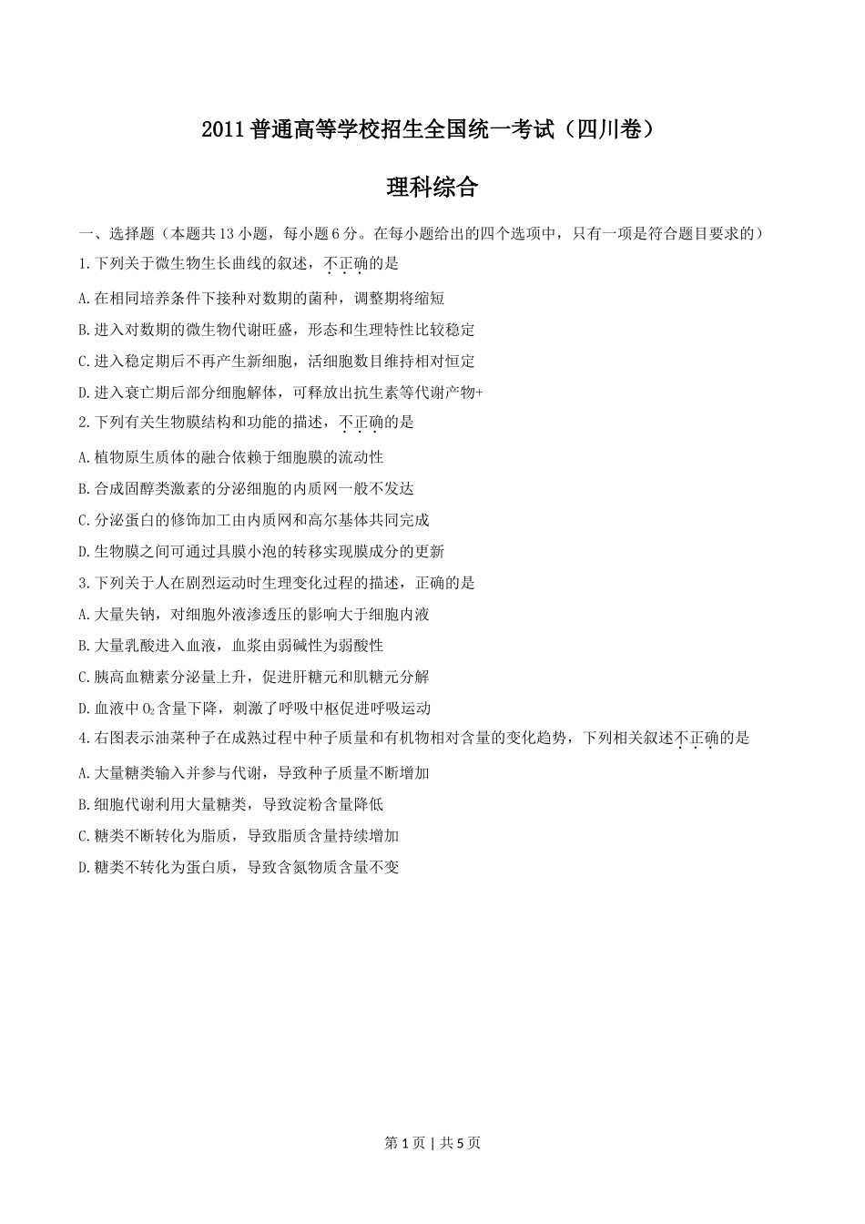 2011年高考生物试卷(四川)(空白卷)_第1页