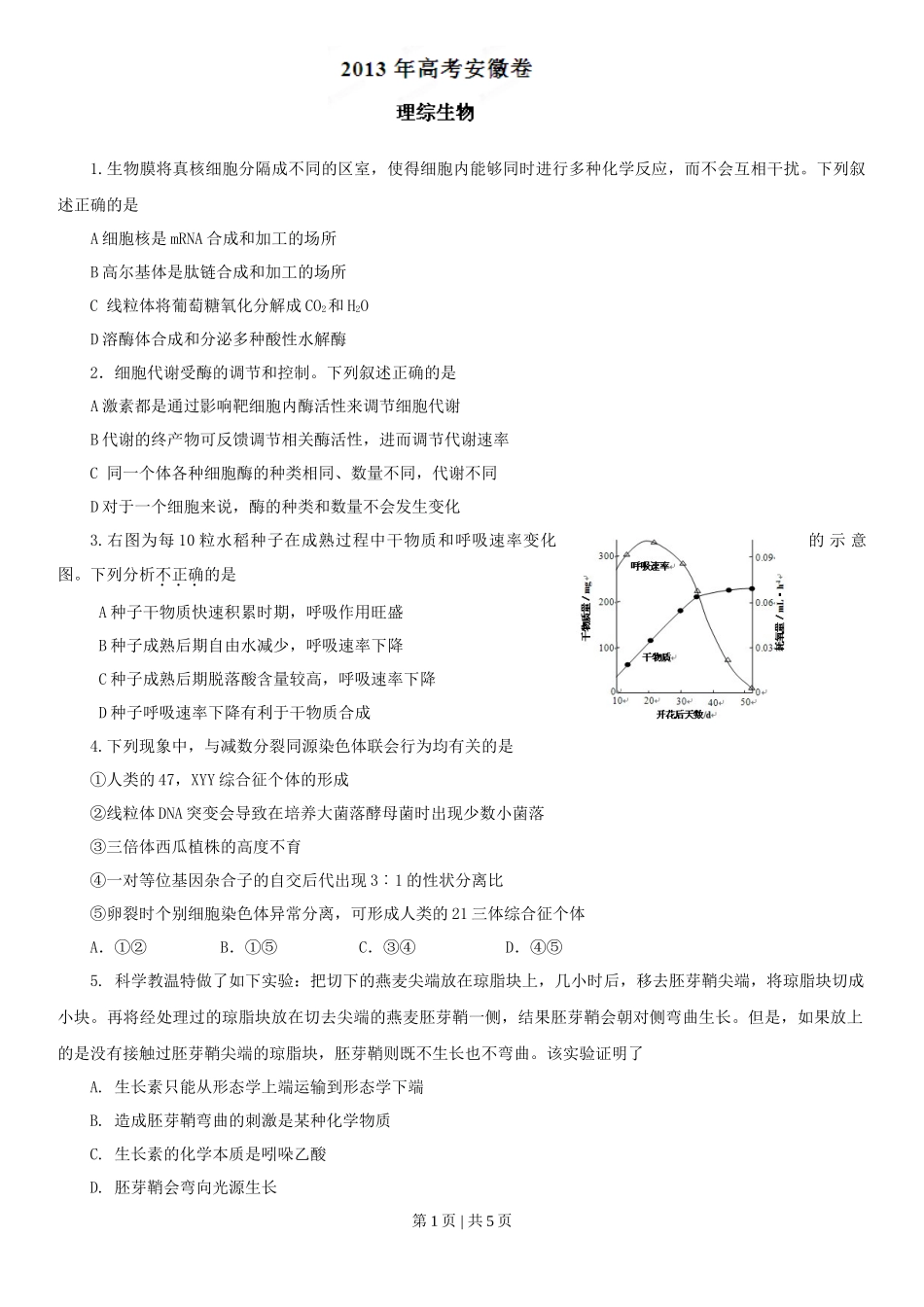 2013年高考生物试卷(安徽)(空白卷)_第1页