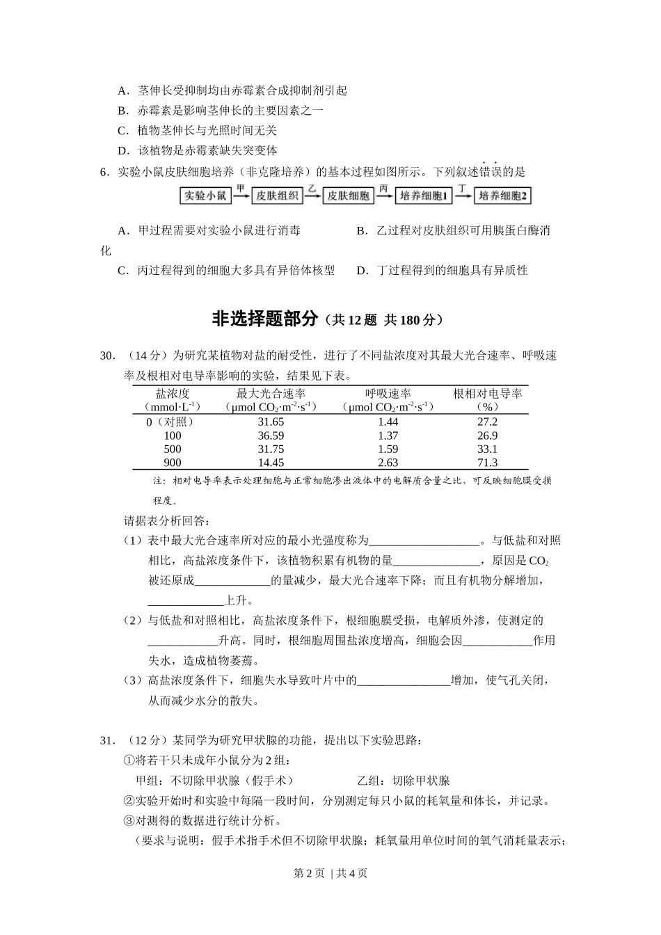 2013年高考生物试卷(浙江)(空白卷)_第2页