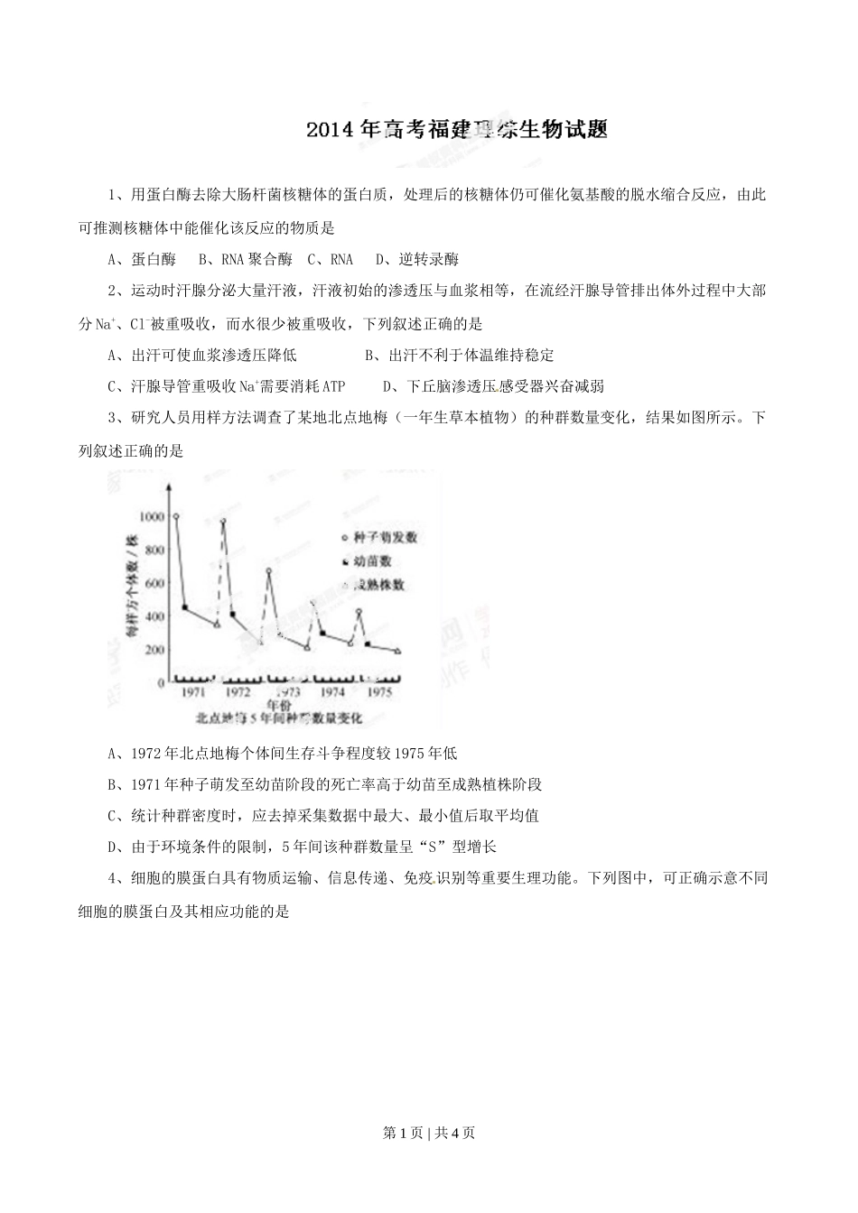2014年高考生物试卷（福建）（空白卷）_第1页