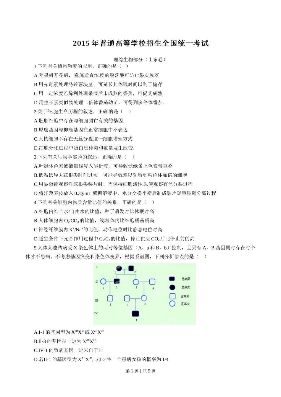 2015年高考生物试卷(山东)(空白卷)_第1页