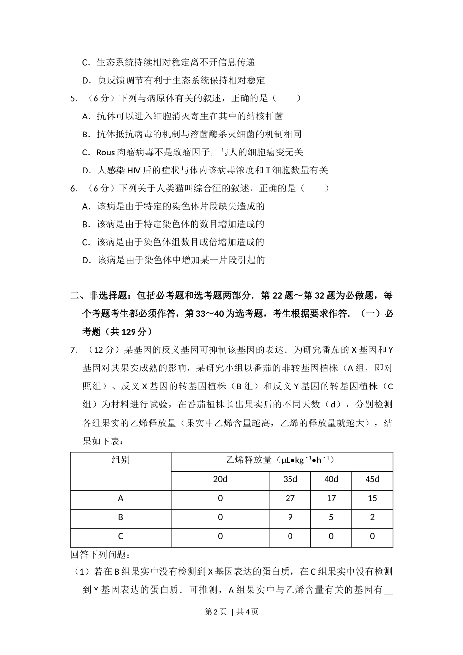 2015年高考生物试卷(新课标Ⅱ)(空白卷)_第2页