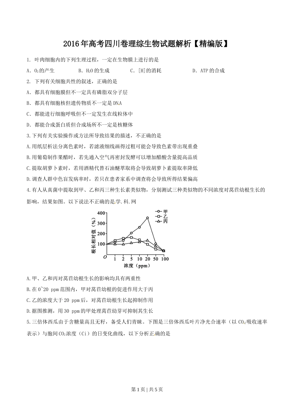 2016年高考生物试卷(四川)(空白卷)_第1页