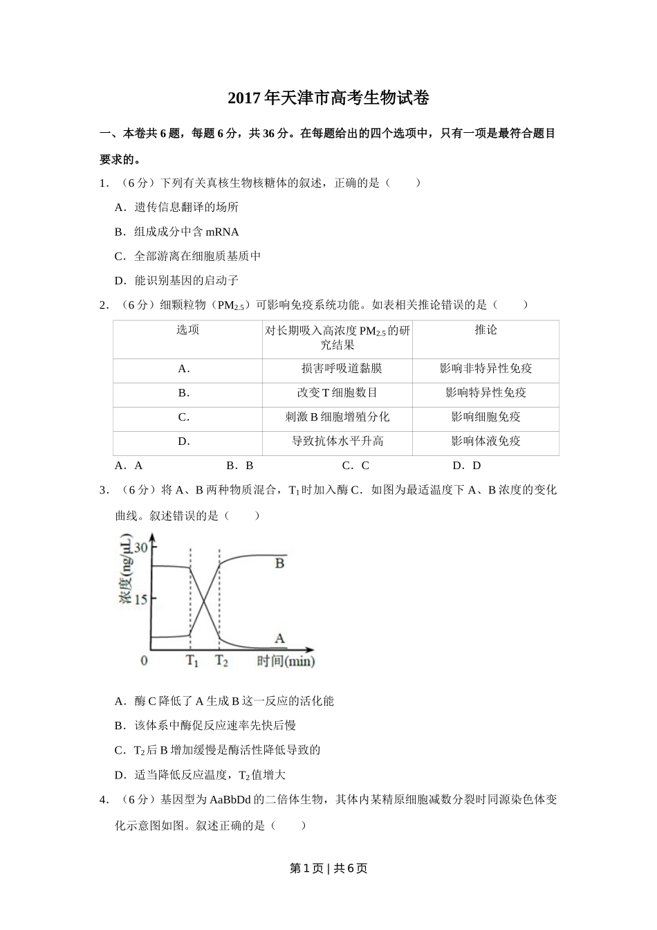 2017年高考生物试卷（天津）（空白卷）_第1页