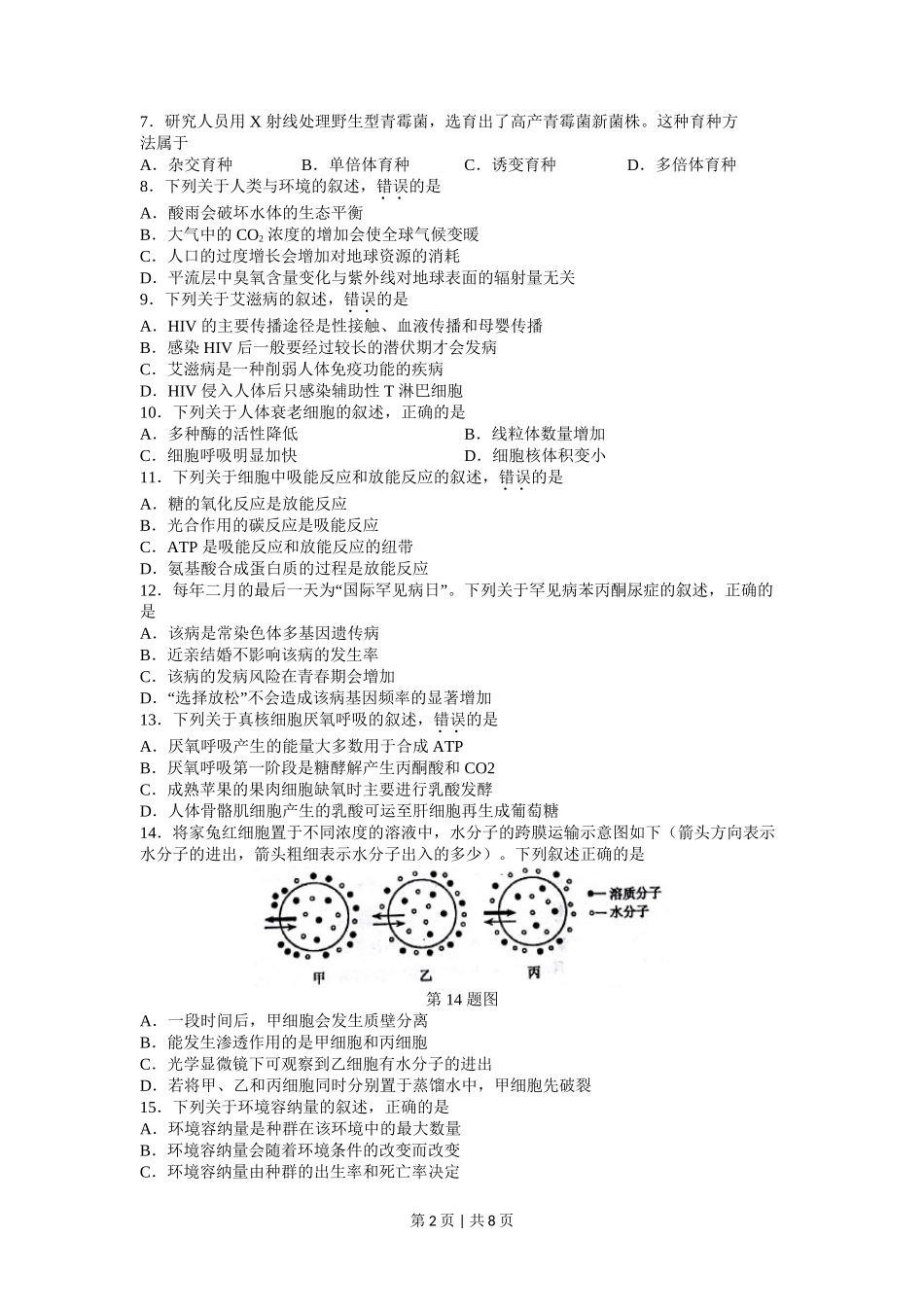 2017年高考生物试卷(浙江)【4月】(空白卷)_第2页