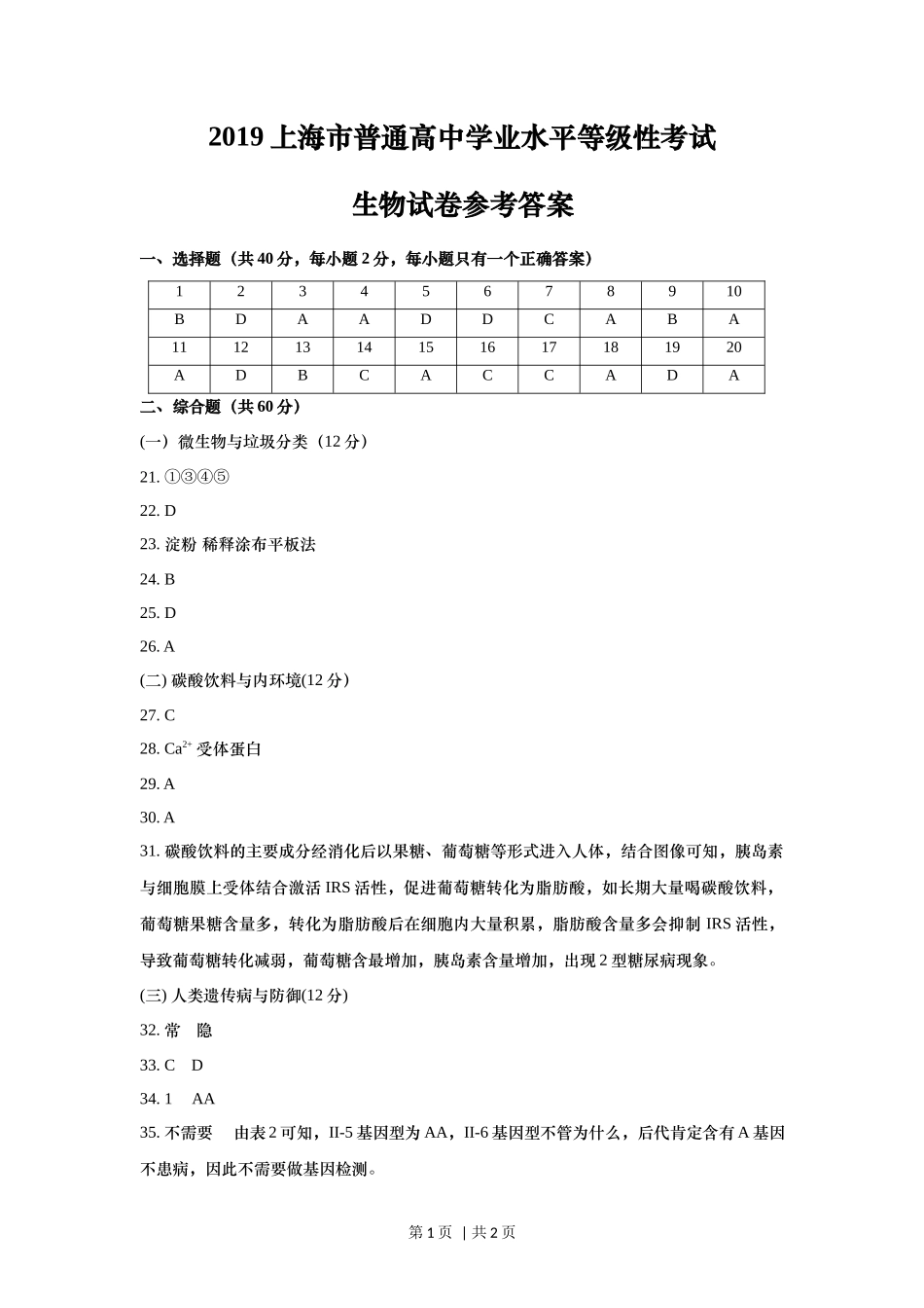 2019年高考生物试卷(上海)(答案卷)_第1页