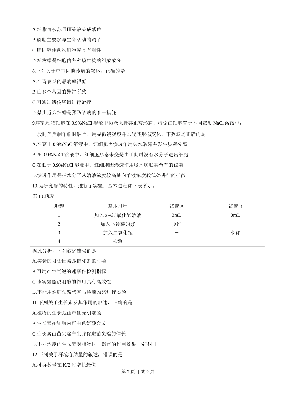 2019年高考生物试卷（浙江）【4月】（空白卷）_第2页