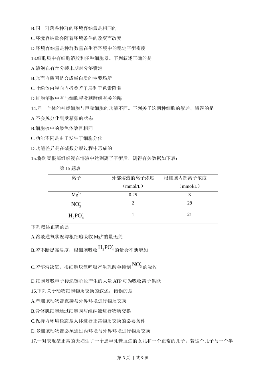 2019年高考生物试卷（浙江）【4月】（空白卷）_第3页