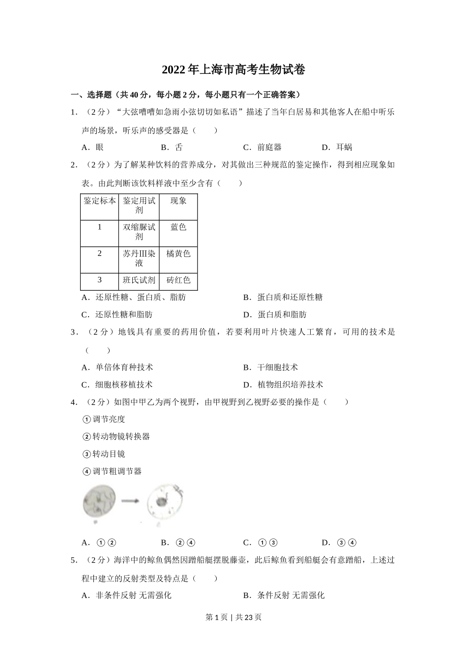 2022年高考生物试卷(上海)(解析卷)_第1页
