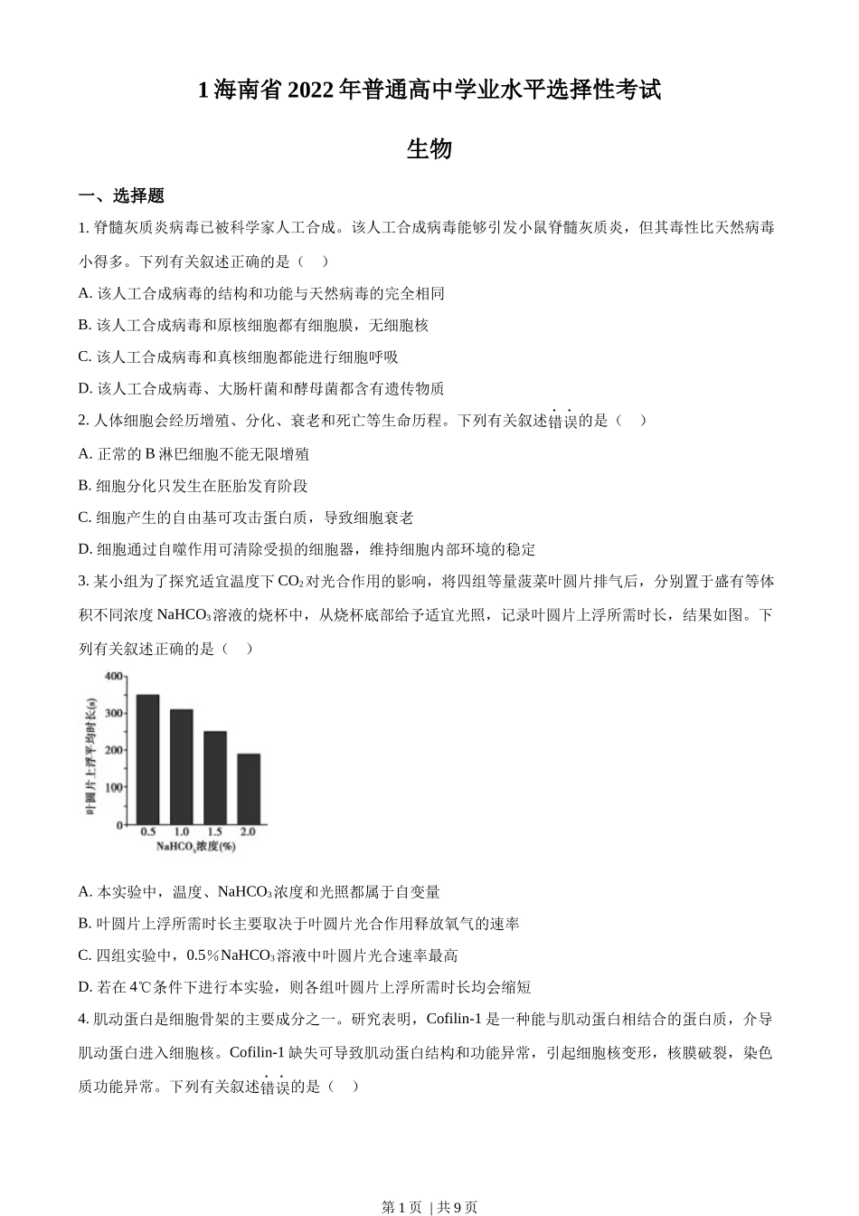 2022年高考生物真题(海南)(空白卷)_第1页