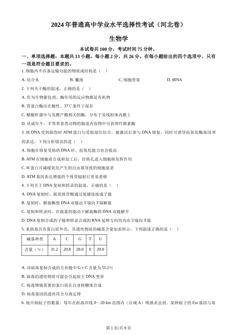 2024年高考生物试卷(河北)(空白卷)_第1页
