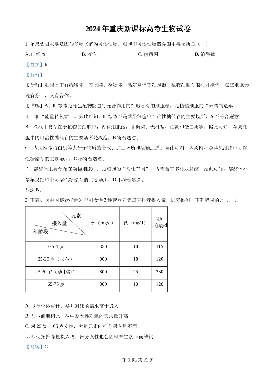 2024年高考生物试卷(重庆)(解析卷)_第1页