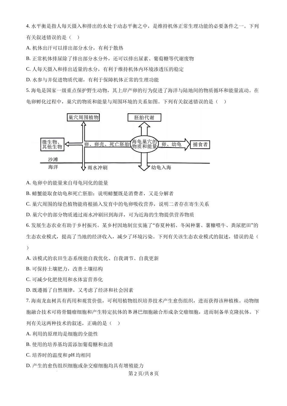 2024年高考生物真题(海南)(空白卷)_第2页