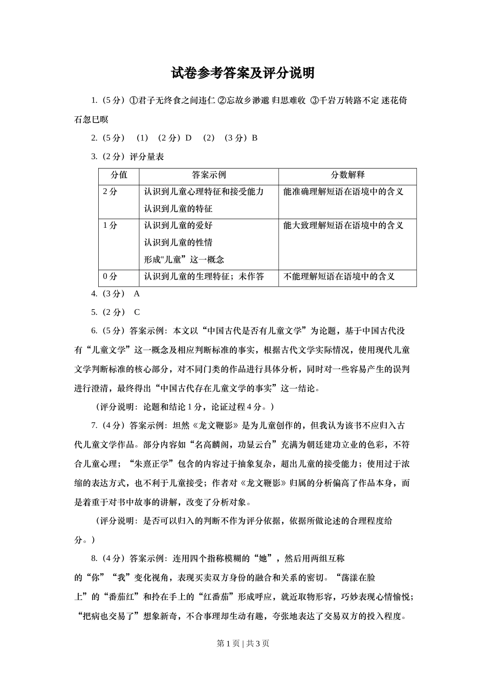 2020年高考语文试卷（上海）（秋考）（答案卷）_第1页