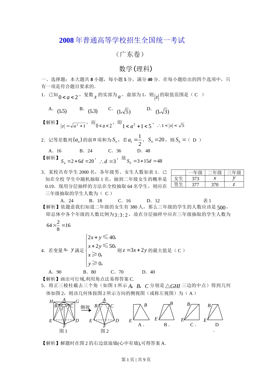 2008年高考数学试卷（理）（广东）（解析卷）_第1页