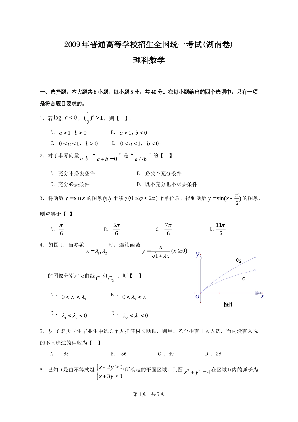 2009年高考数学试卷（理）（湖南）（空白卷）_第1页