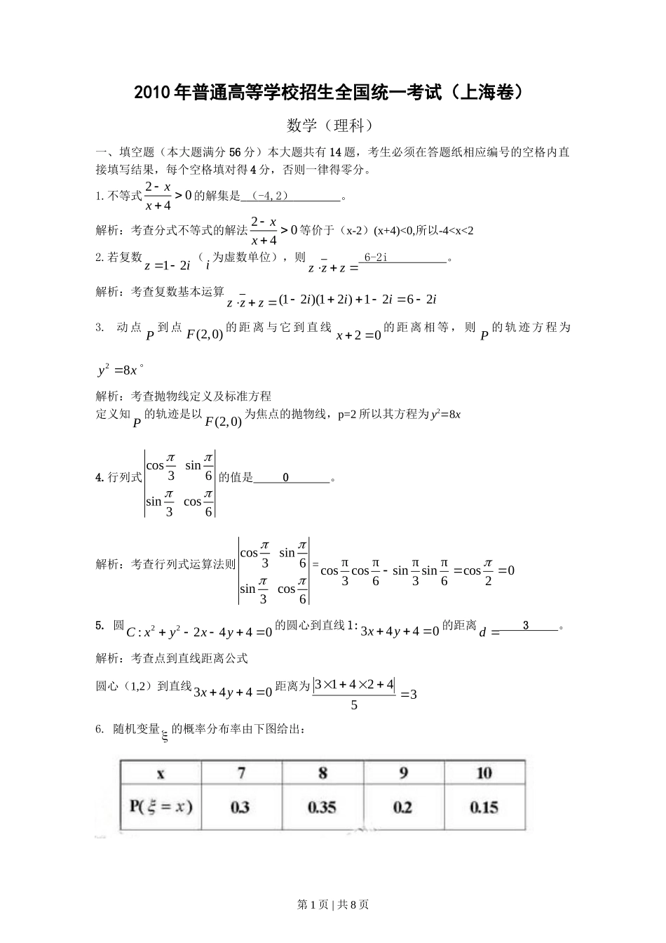2010年高考数学试卷（理）（上海）（解析卷）_第1页