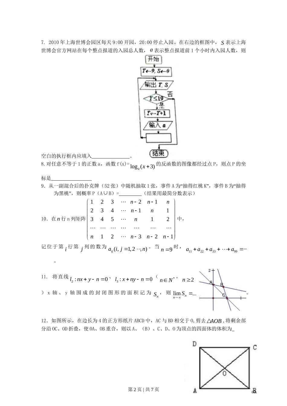 2010年高考数学试卷（理）（上海）（空白卷）_第2页