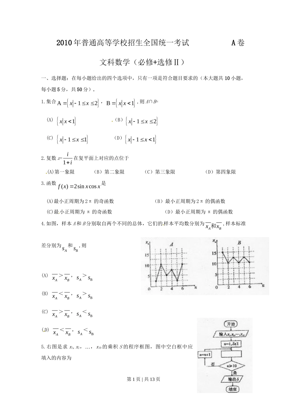 2010年高考数学试卷（文）（陕西）（解析卷）_第1页