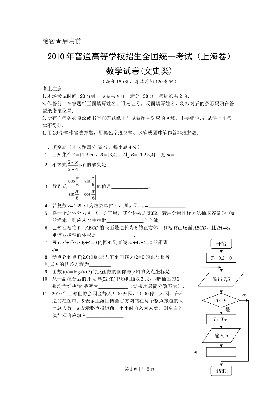 2010年高考数学试卷（文）（上海）（空白卷）_第1页