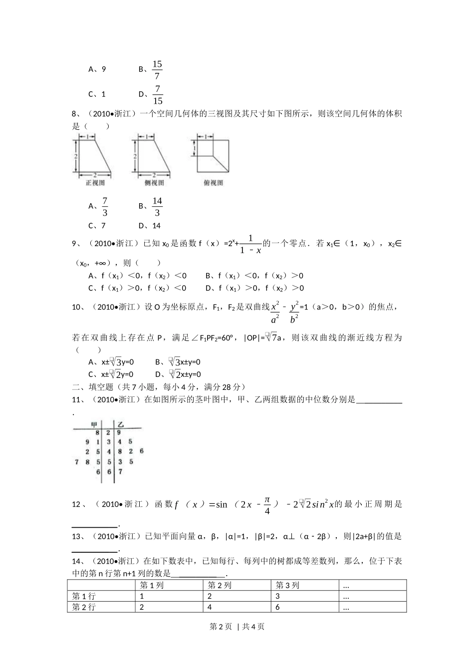 2010年高考数学试卷(文)(浙江)(空白卷)_第2页