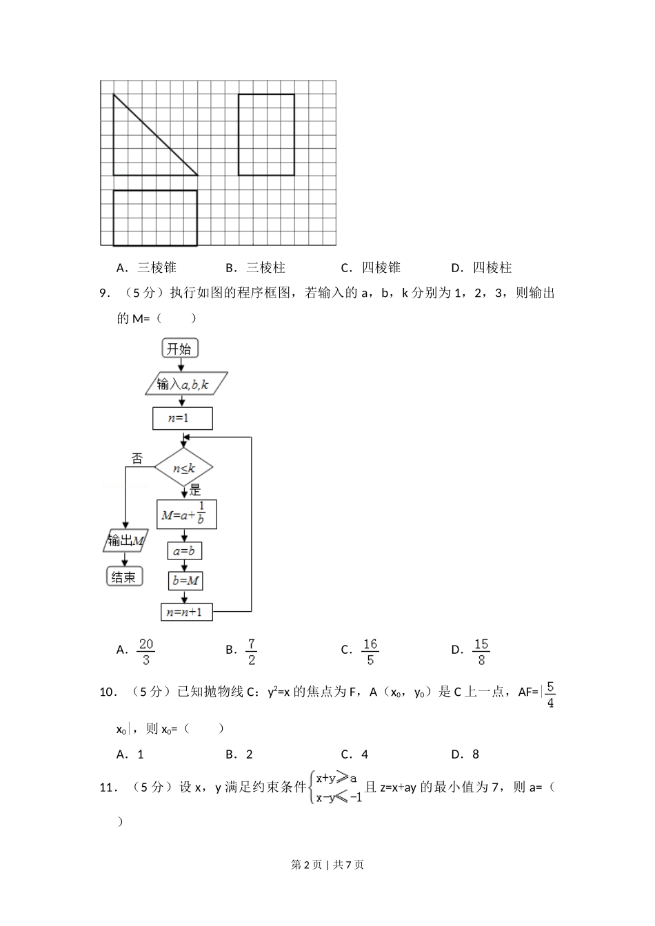 2014年高考数学试卷（文）（新课标Ⅰ）（空白卷）_第2页