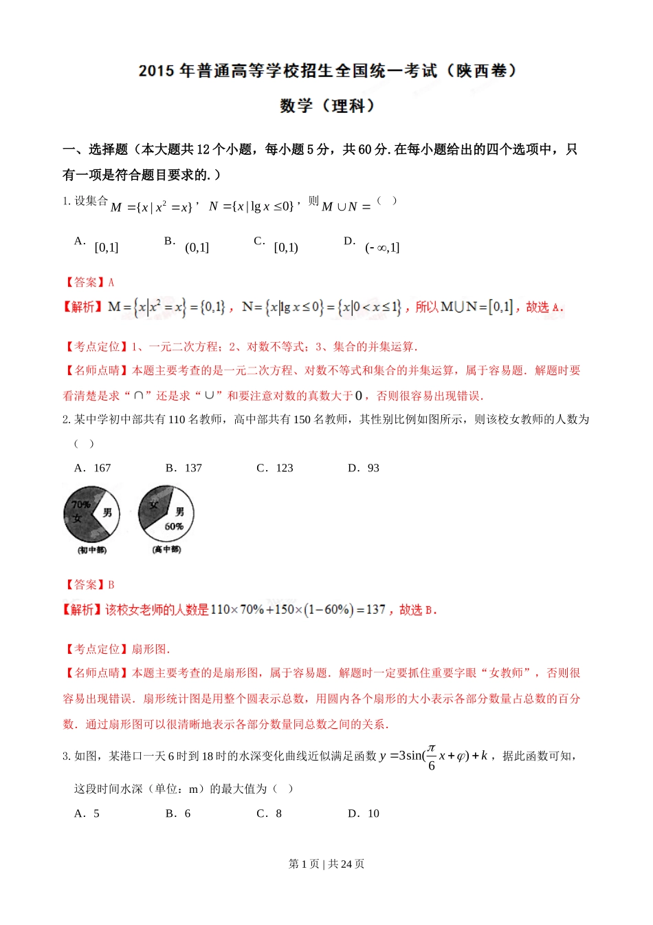 2015年高考数学试卷(理)(陕西)(解析卷)_第1页