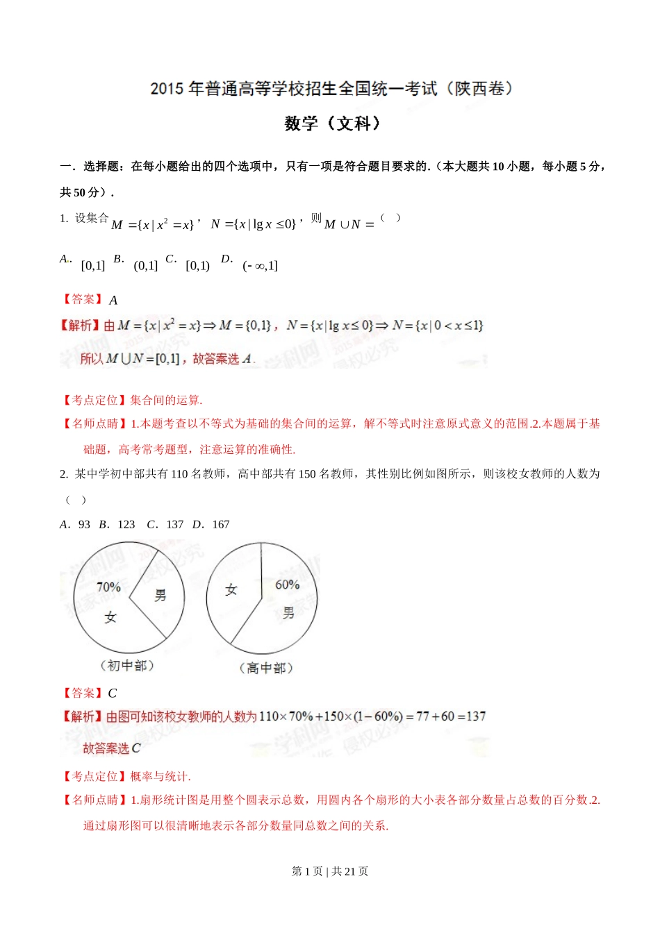2015年高考数学试卷（文）（陕西）（解析卷）_第1页