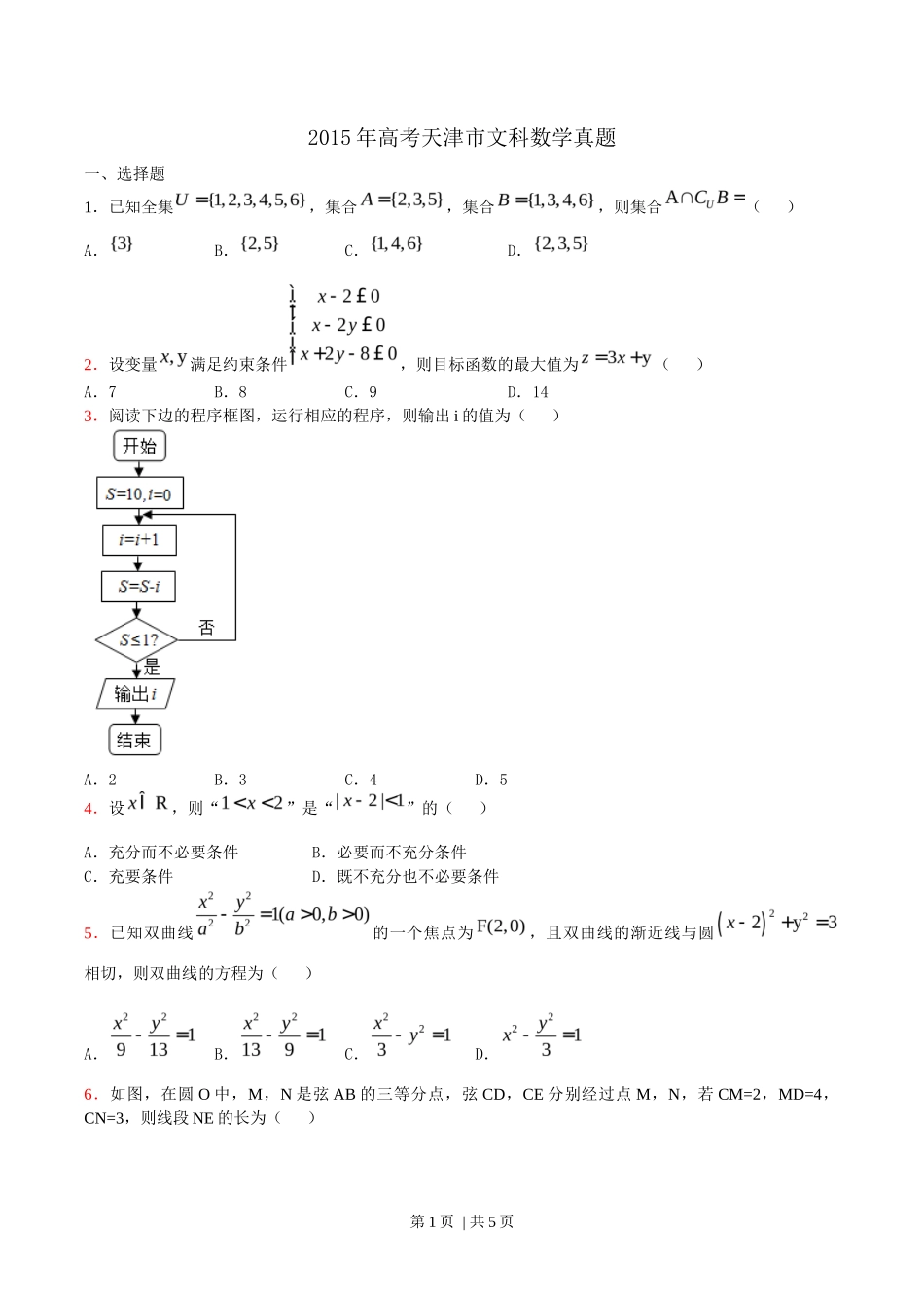 2015年高考数学试卷（文）（天津）（空白卷）_第1页