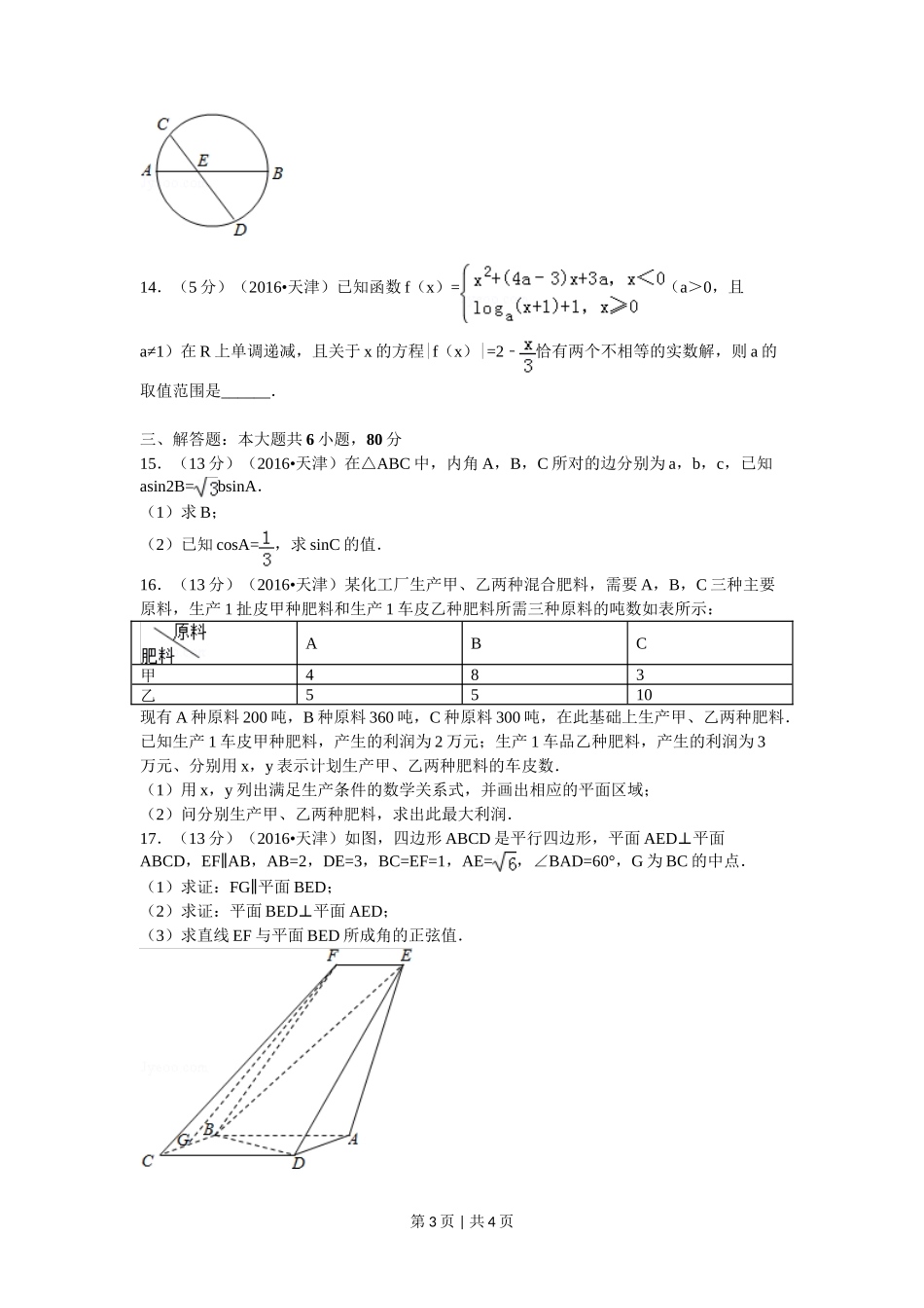 2016年高考数学试卷(文)(天津)(空白卷)_第3页