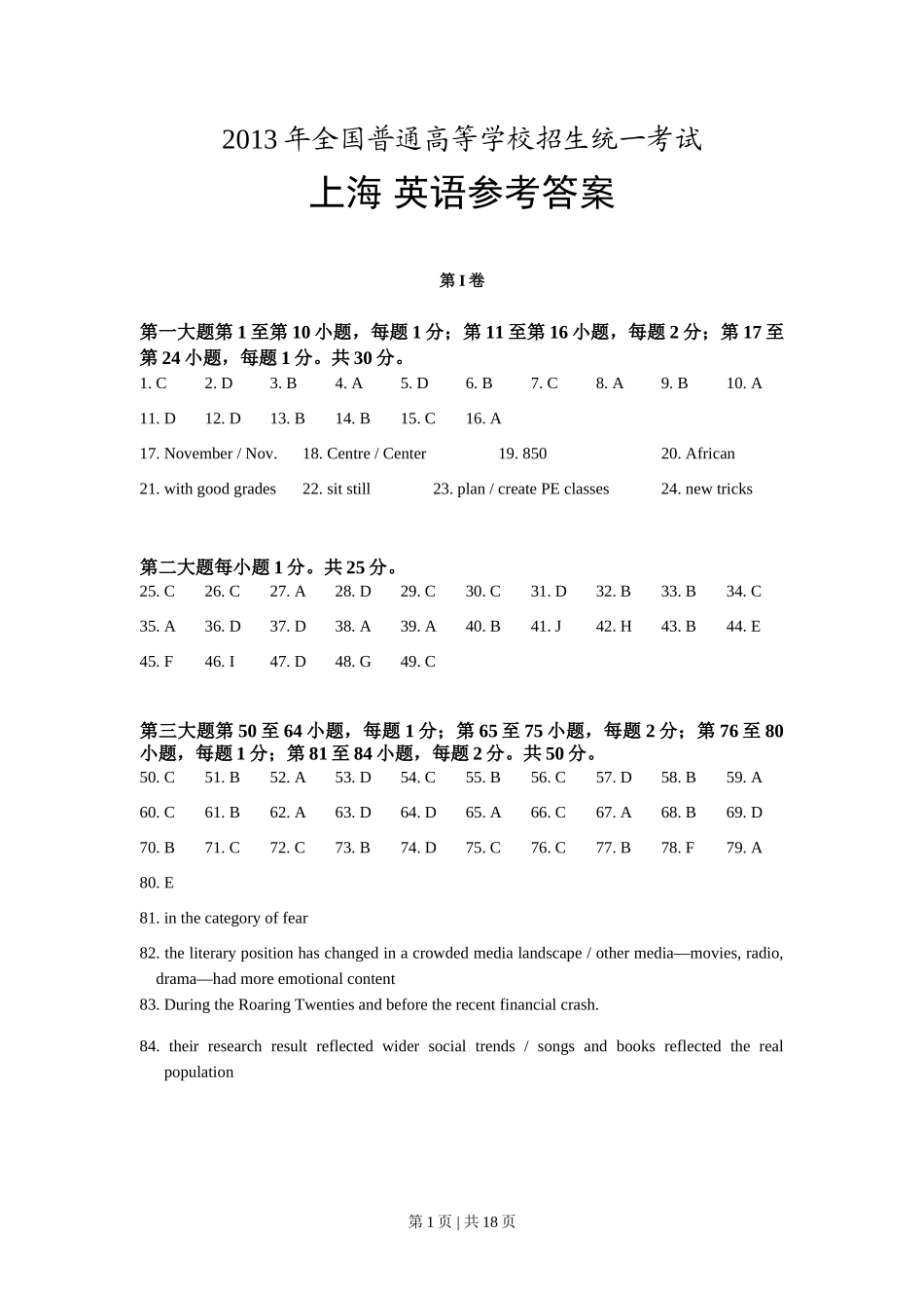 2013年高考英语试卷（上海）（秋考）（解析卷）_第1页