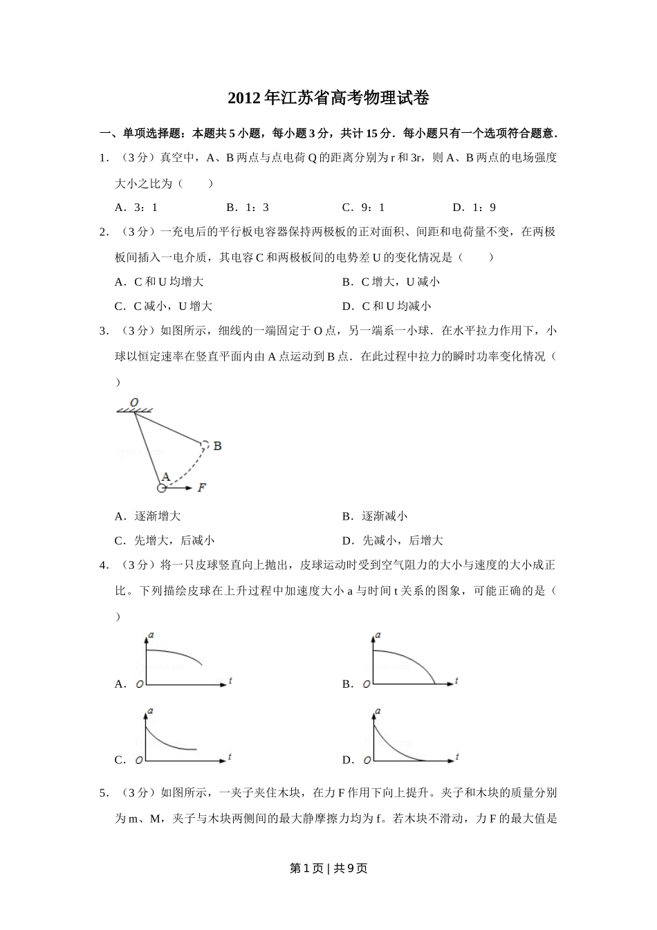 2012年高考物理试卷（江苏）（空白卷）_第1页
