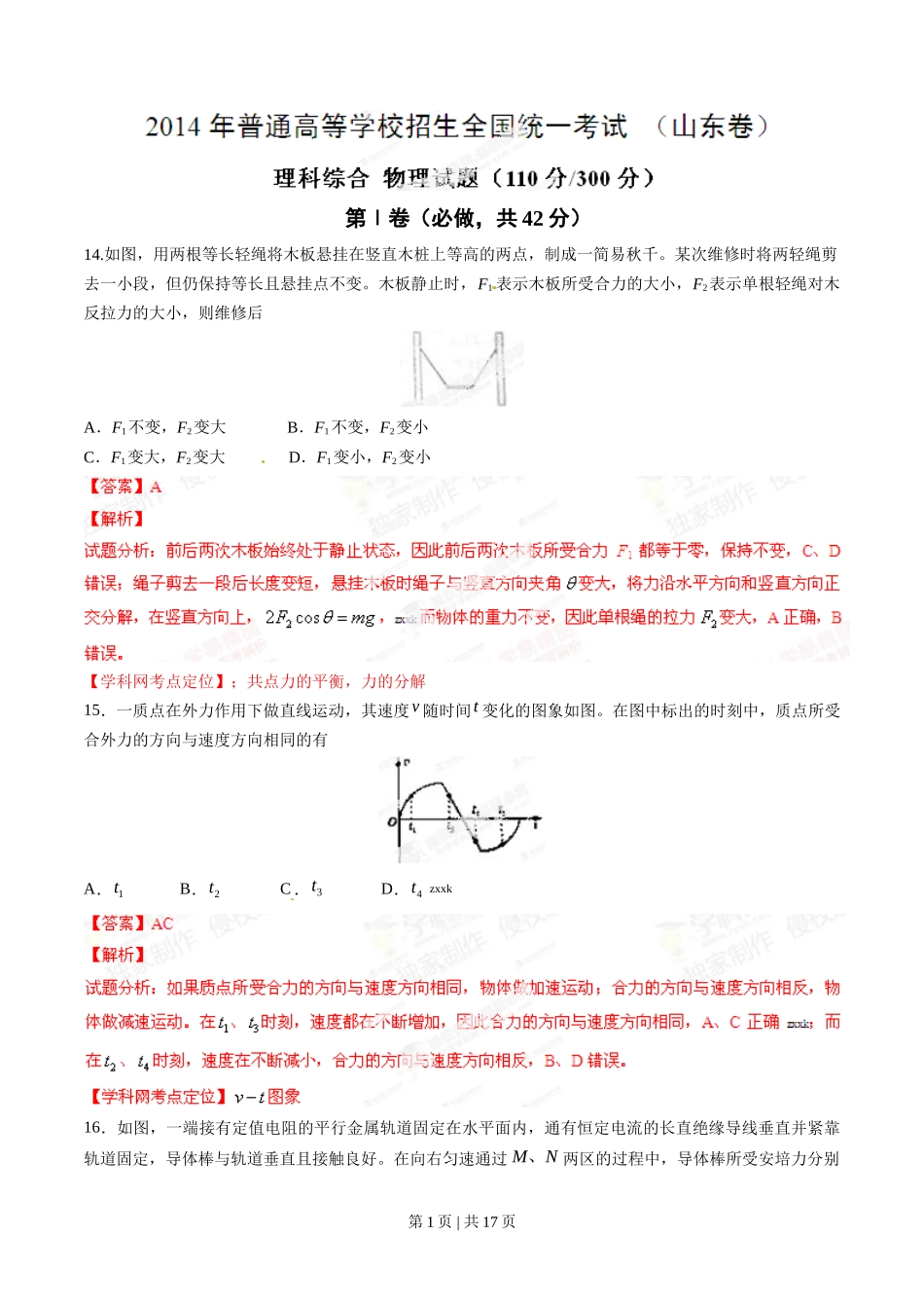 2014年高考物理试卷（山东）（解析卷）_第1页