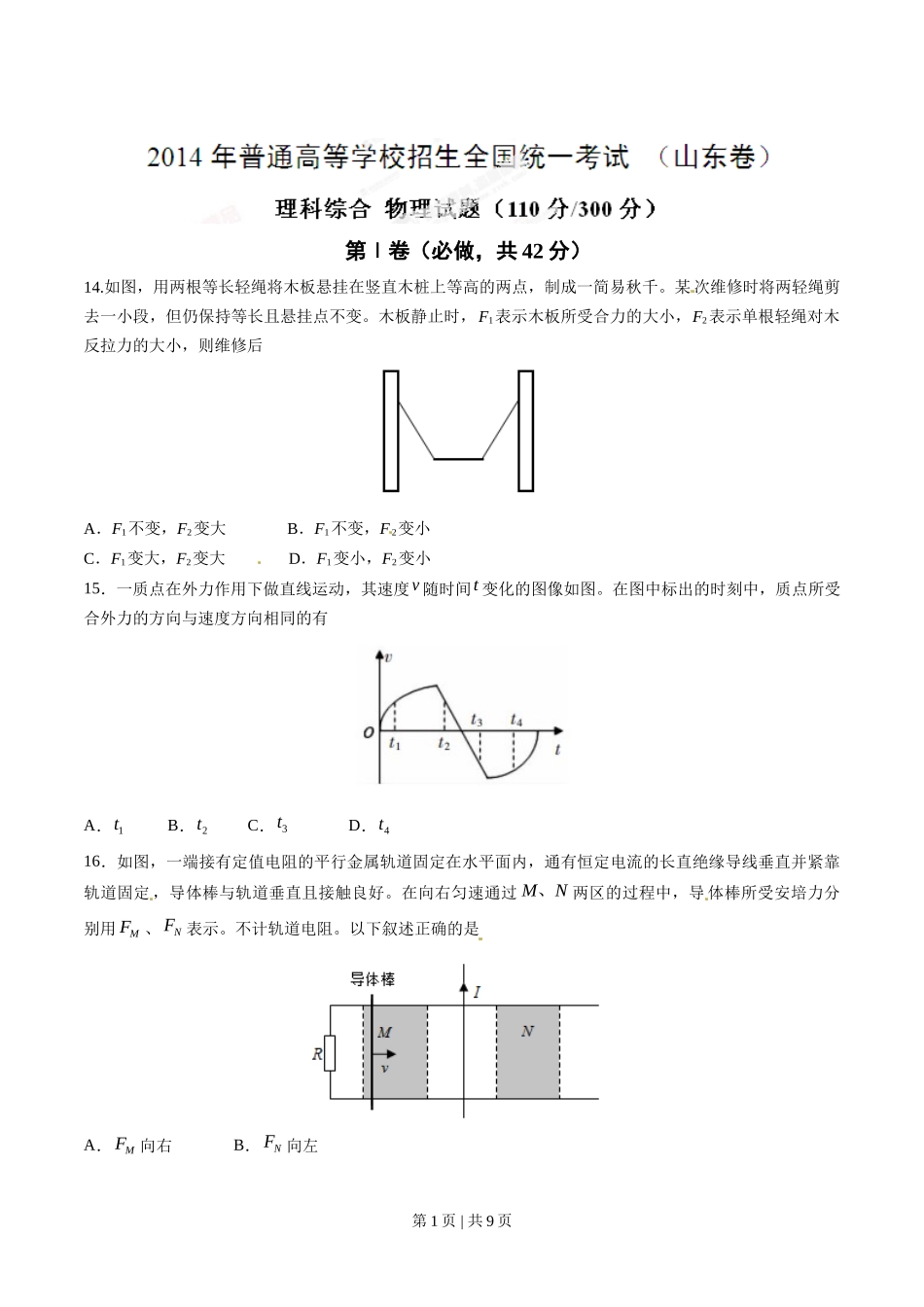 2014年高考物理试卷（山东）（空白卷）_第1页