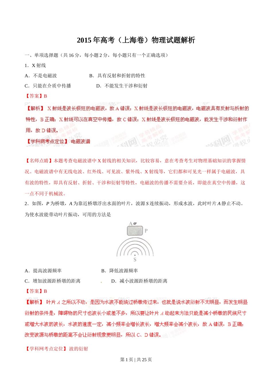 2015年高考物理试卷（上海）（解析卷）_第1页
