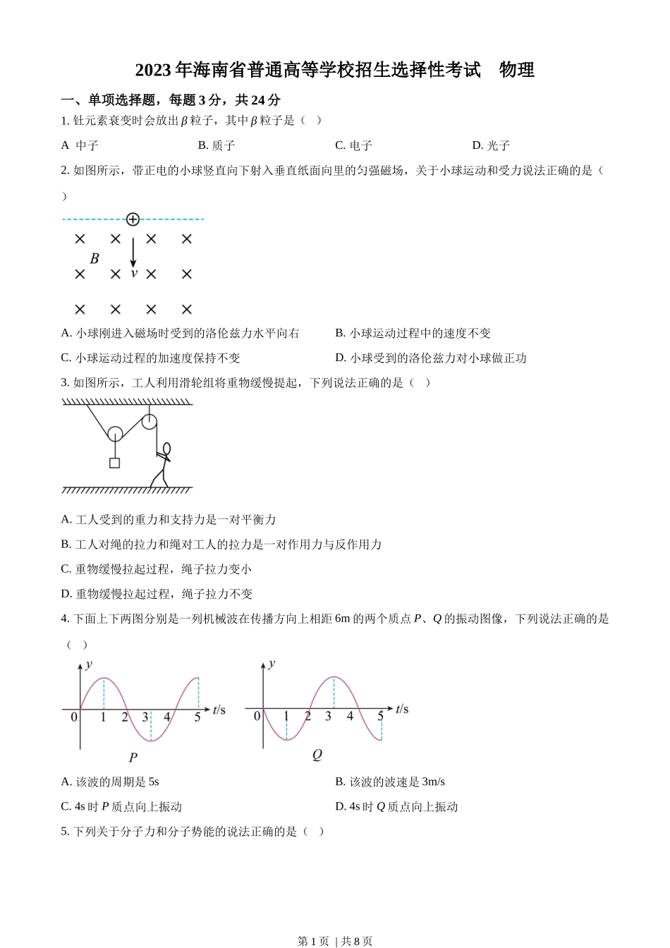 2023年高考物理试卷（海南）（空白卷）_第1页