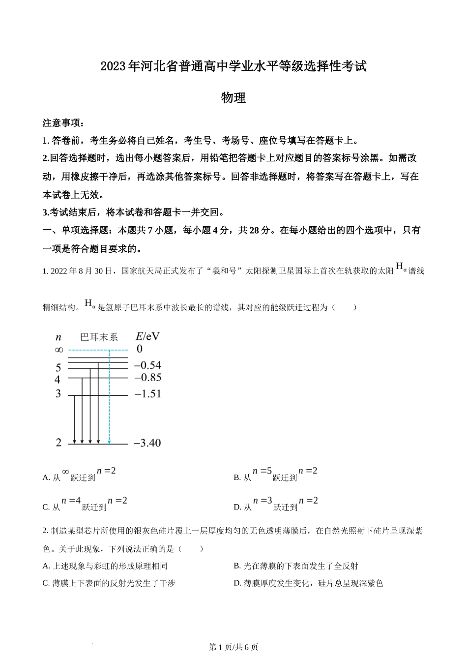 2023年高考物理试卷（河北）（空白卷）_第1页