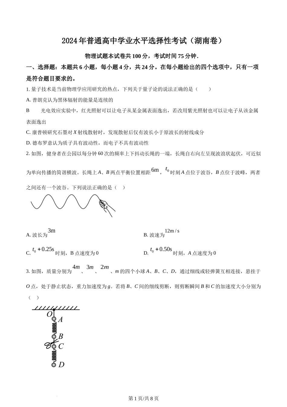 2024年高考物理试卷（湖南）（空白卷）_第1页