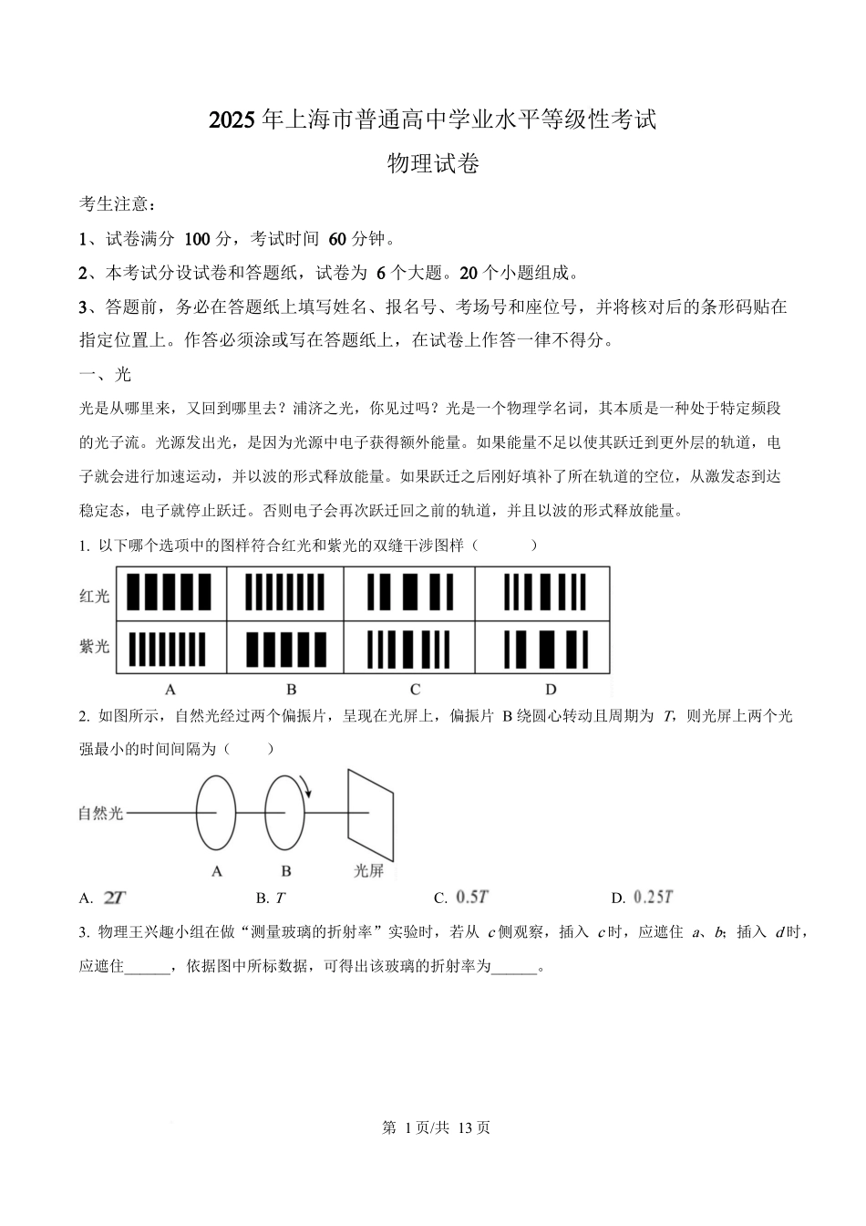 2025年高考物理试卷（上海卷）（解析卷）_第1页