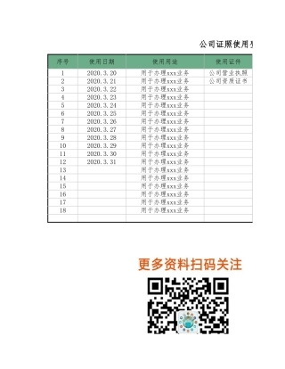 【资质管理】公司证照使用登记表-行政表格