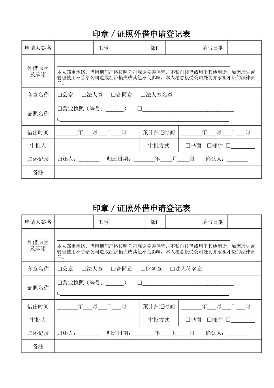 【资质管理】印章证照外借申请登记表_第1页