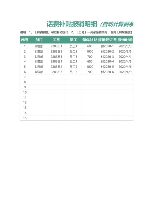 【管理表格】话费补贴报销明细（自动统计）