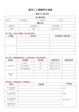 【入职地图】新员工入职辅导计划表--行政人事CLUB
