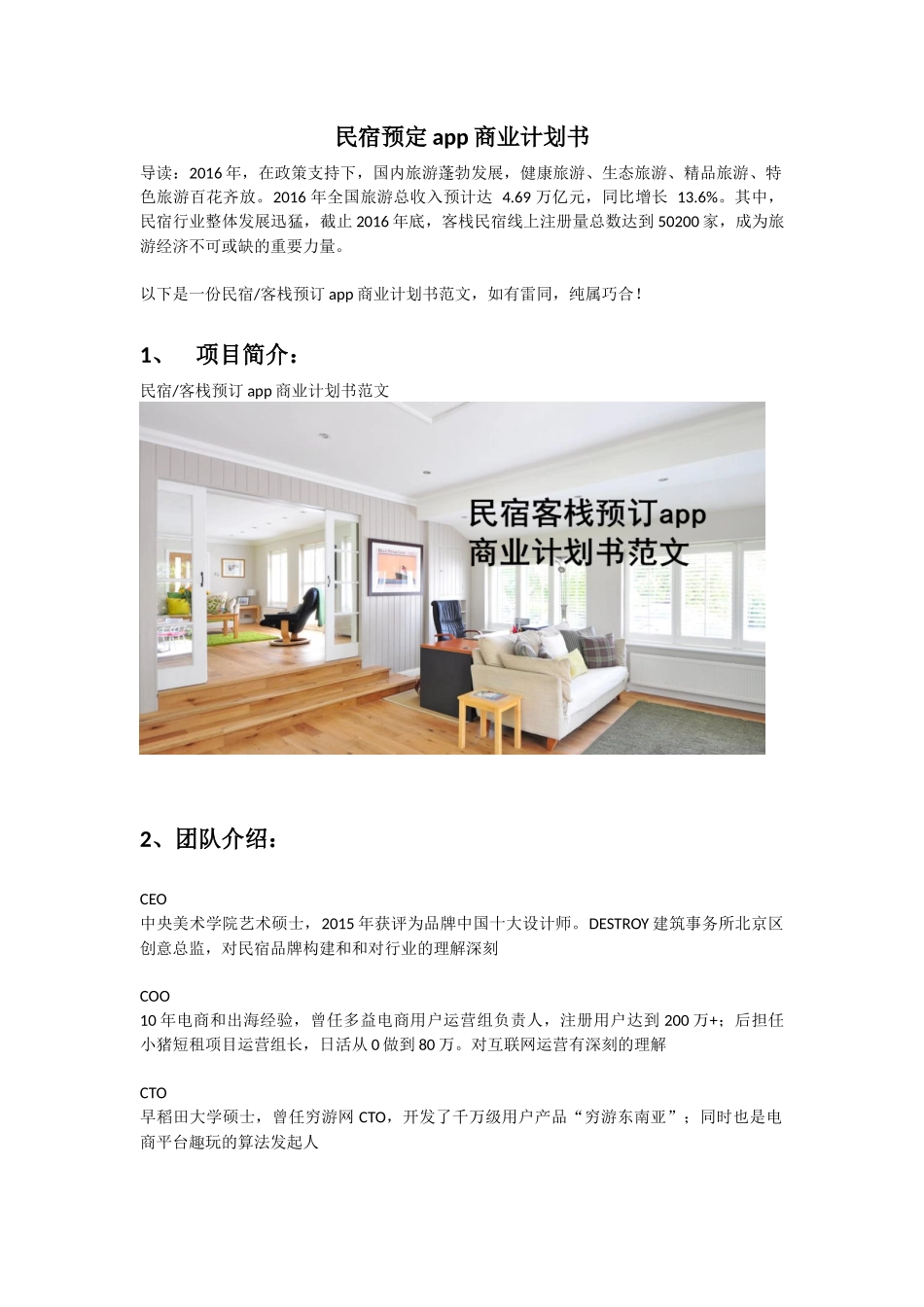 民宿客栈预订app商业计划书范文_第2页